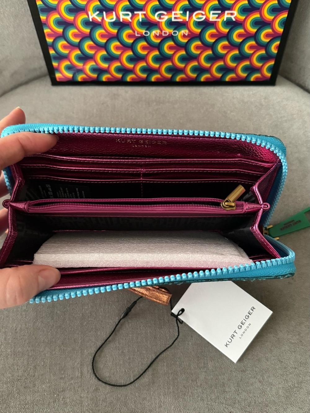 Kurt Geiger Teal Patterned Wallet with Pink Logo Patch - Picture 3 of 7